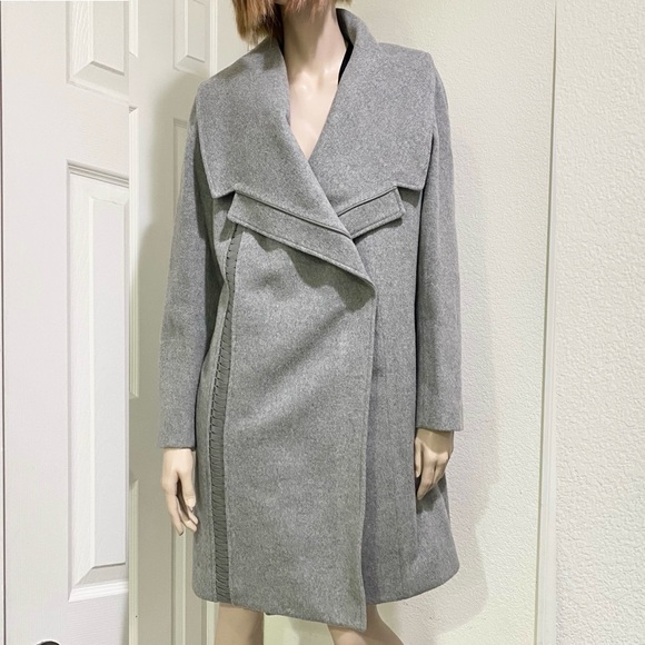 BADGLEY MISCHKA Nikki Mid Length Italian Cashmere Wool Leather Braid Coat XL - Picture 4 of 16